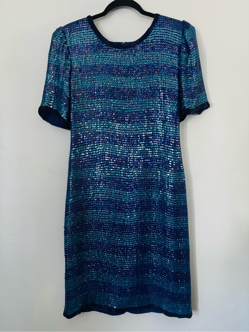 Vintage 80’s Silk Striped Sequined Dress | S | Blue Teal Open Back | Mermaidcore